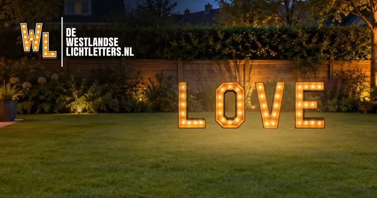 Voorbeeld uit de lettertool: lichtletters LOVE in een tuin bij avond